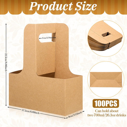 100 Pack 2-Cup/4-Cup Paper Drink Carrier with Handles, Disposable Brown Paperboard Cup Holder for Delivery Foldable Beverage Tray for Hot/Cold Drinks, Coffee to Go, Takeout