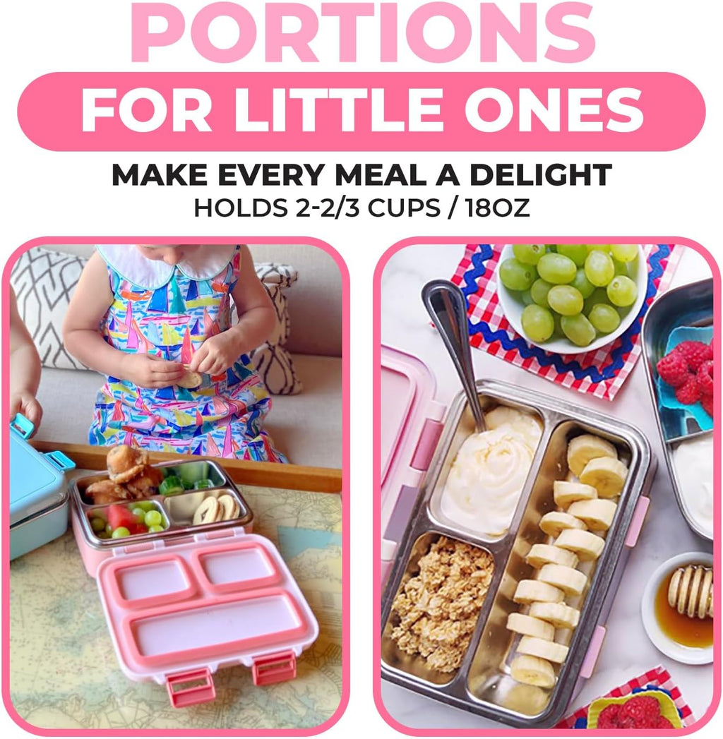 Stainless Steel Lunch Box for Baby Toddlers Girls, Mini Bento, 3 Eco Metal Portion Sections Leakproof Lid, Pre-School Daycare Lunches, Toddler Kids Spill-Proof Snack Container, 18 oz/550 mL Pink