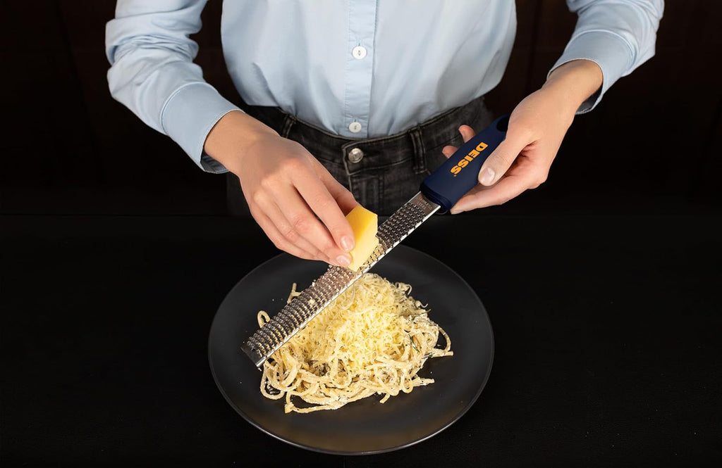 Deiss PRO Citrus Zester & Cheese Grater - Parmesan Cheese Lemon, Ginger, Garlic, Nutmeg, Chocolate, Vegetables, Fruits - Razor-Sharp Stainless Steel Blade, Wide, Dishwasher Safe (BLACK)