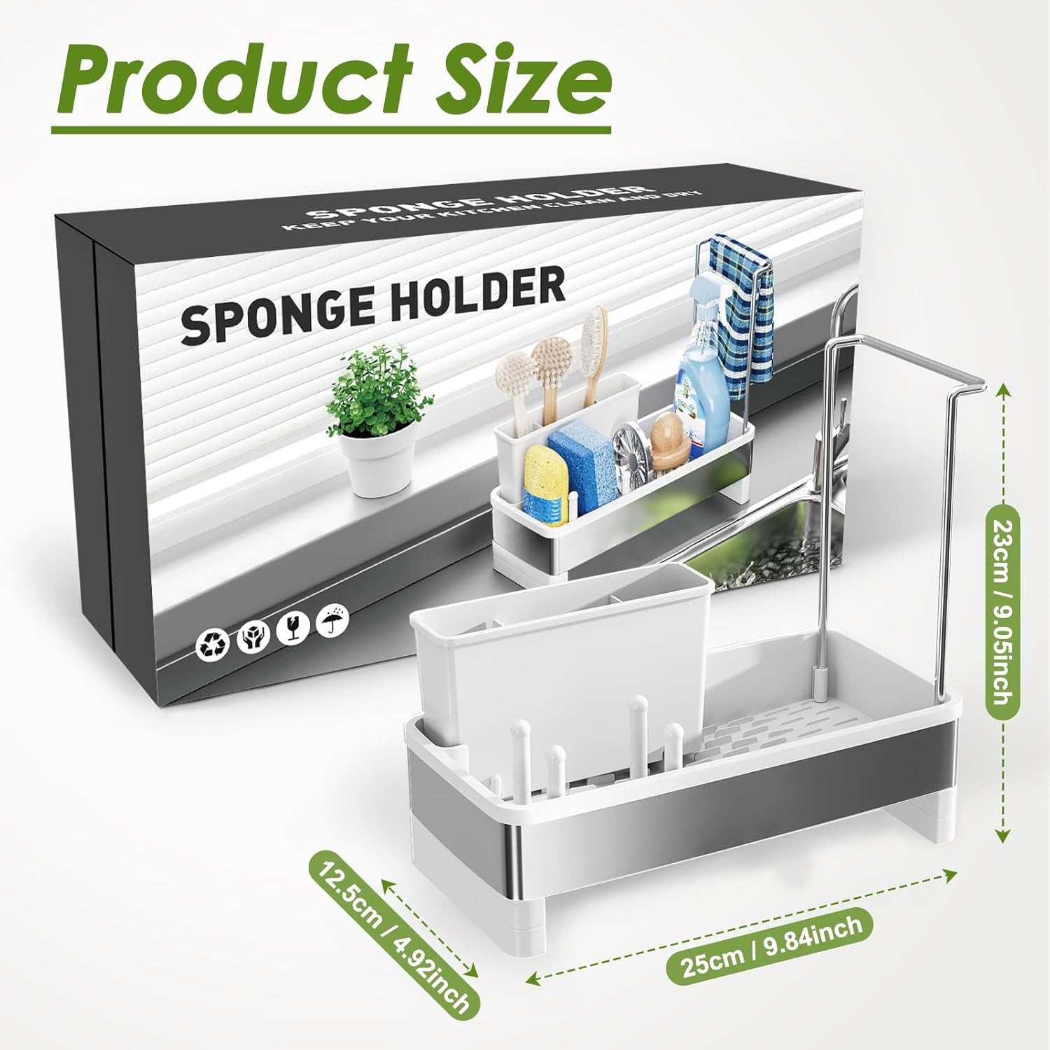 Stainless Steel Sink Caddy, Sponge Holder for Kitchen Sink with Brush Holder & Dishcloth Rack, Rustproof Organizer Countertop, Soap Dispenser Kitchen Organizers Storage Essentials, White