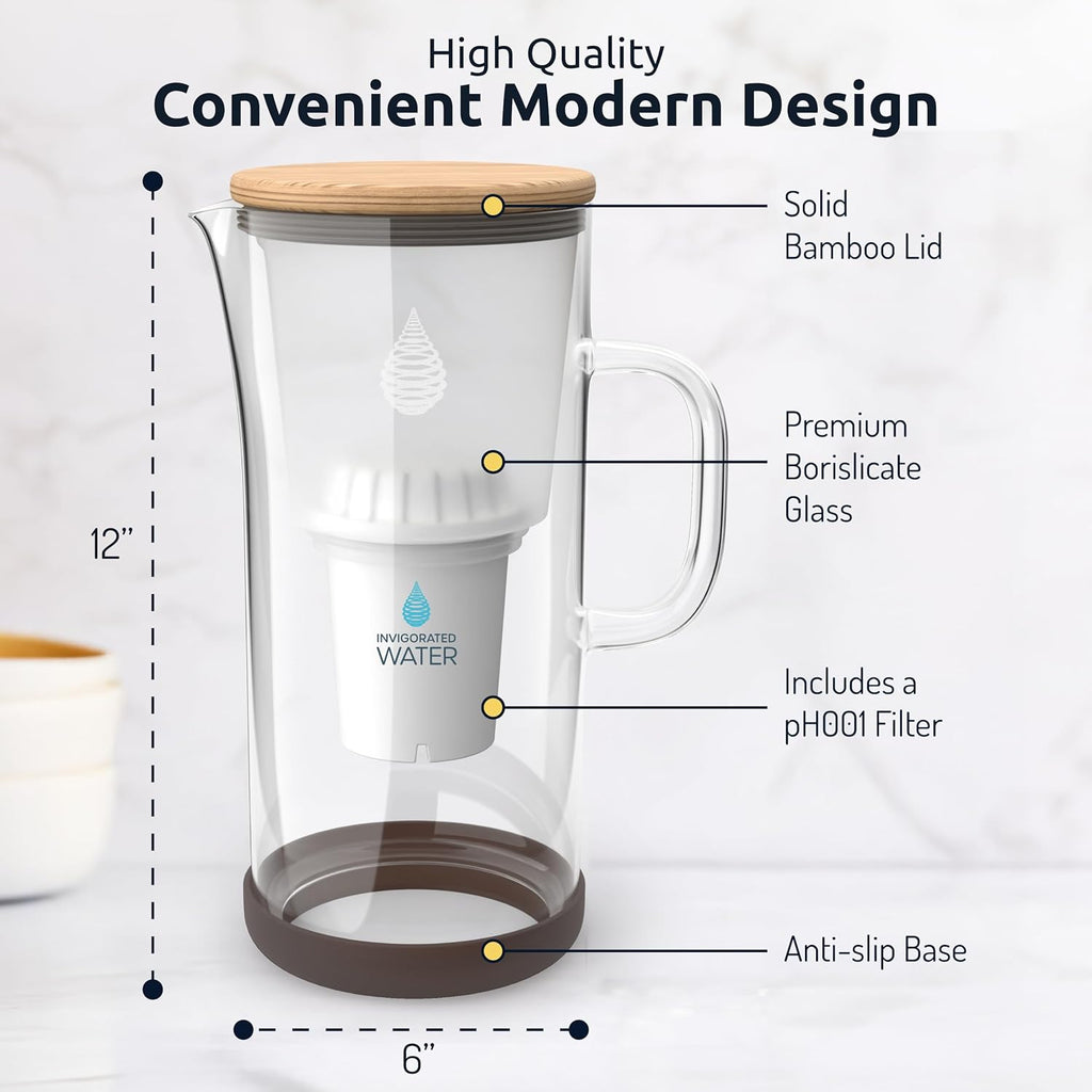 Invigorated Water pH Restore Glass Alkaline Water Pitcher - Long Lasting Water Filter Pitcher with Multi-Stage Filtration System - Glass Water Jug for High pH, Pure Drinking Water - 3.5 L / 118 Oz