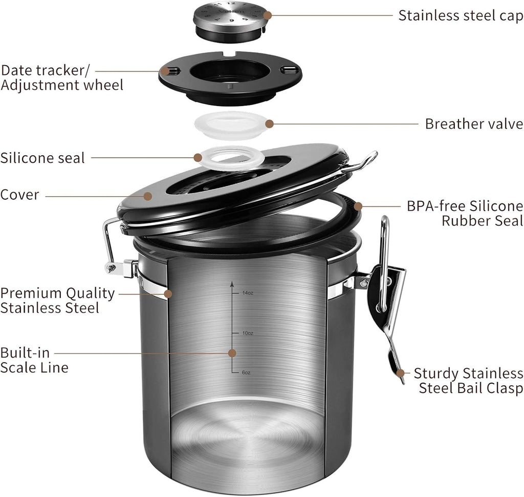 Veken Coffee Canister, Airtight Stainless Steel Kitchen Food Storage Container with Date Tracker and Scoop for Beans, Grounds, Tea, Flour, Cereal, Sugar, Cookies Jars, 16OZ Gray