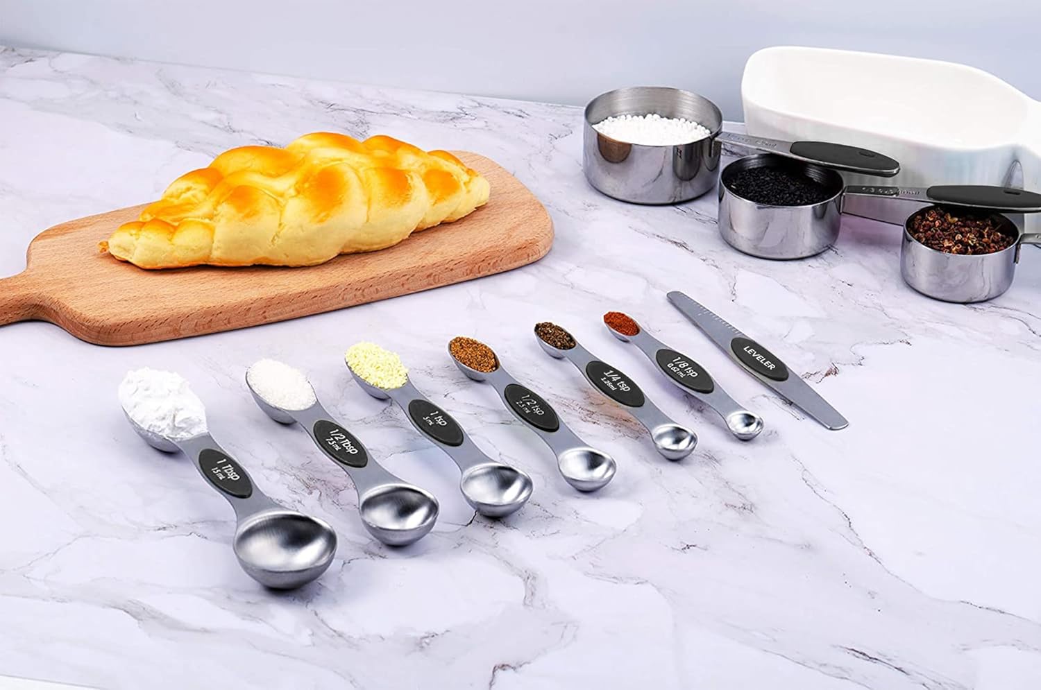 TILUCK measuring cups and magnetic measuring spoons set, stainless steel measuring cups, 6 double-sided stainless steel measuring spoons & 1 leveler (6+7)