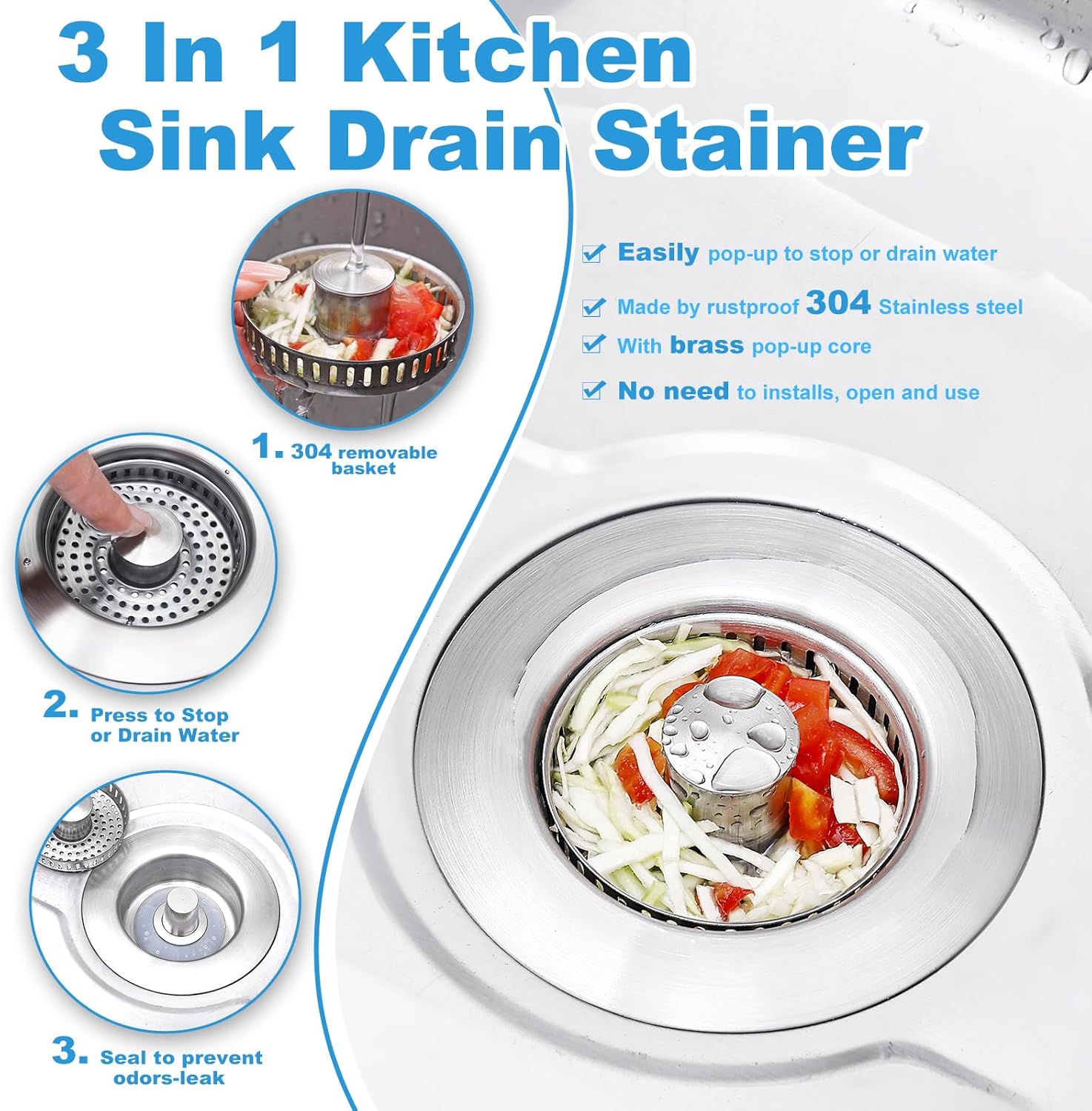 3-in-1 Kitchen Sink Drain Strainer & Stopper with Basket, Stainless Steel Drain Plug Cover Catcher for Food Waste - Sink Accessories for Home or Kitchen Sink Shroom Fit US Standard 3-1/2'' Drain Hole