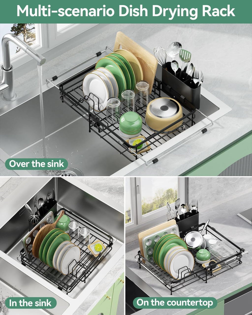 Expandable in Sink Dish Drying Rack - Adjustable Capacity (11.1''-18.43 ''L) Over Sink Dish Drainer Drying Rack for Kitchen Counter, Dish Rack with Utensil Holder