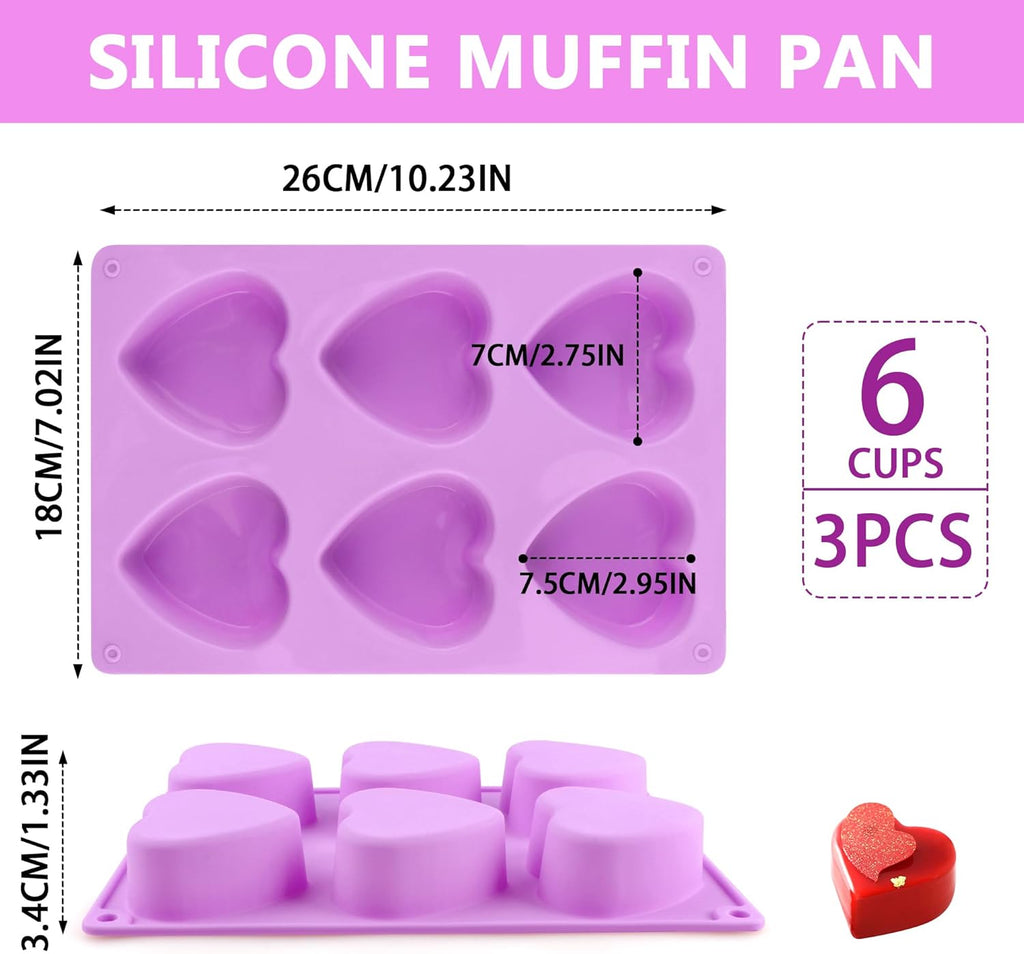 3-Pack 6-Cup Silicone Muffin Pans, Nonstick Cupcake Baking Molds, BPA/PFA-Free, Dishwasher & Oven Safe Heart-shaped Purple