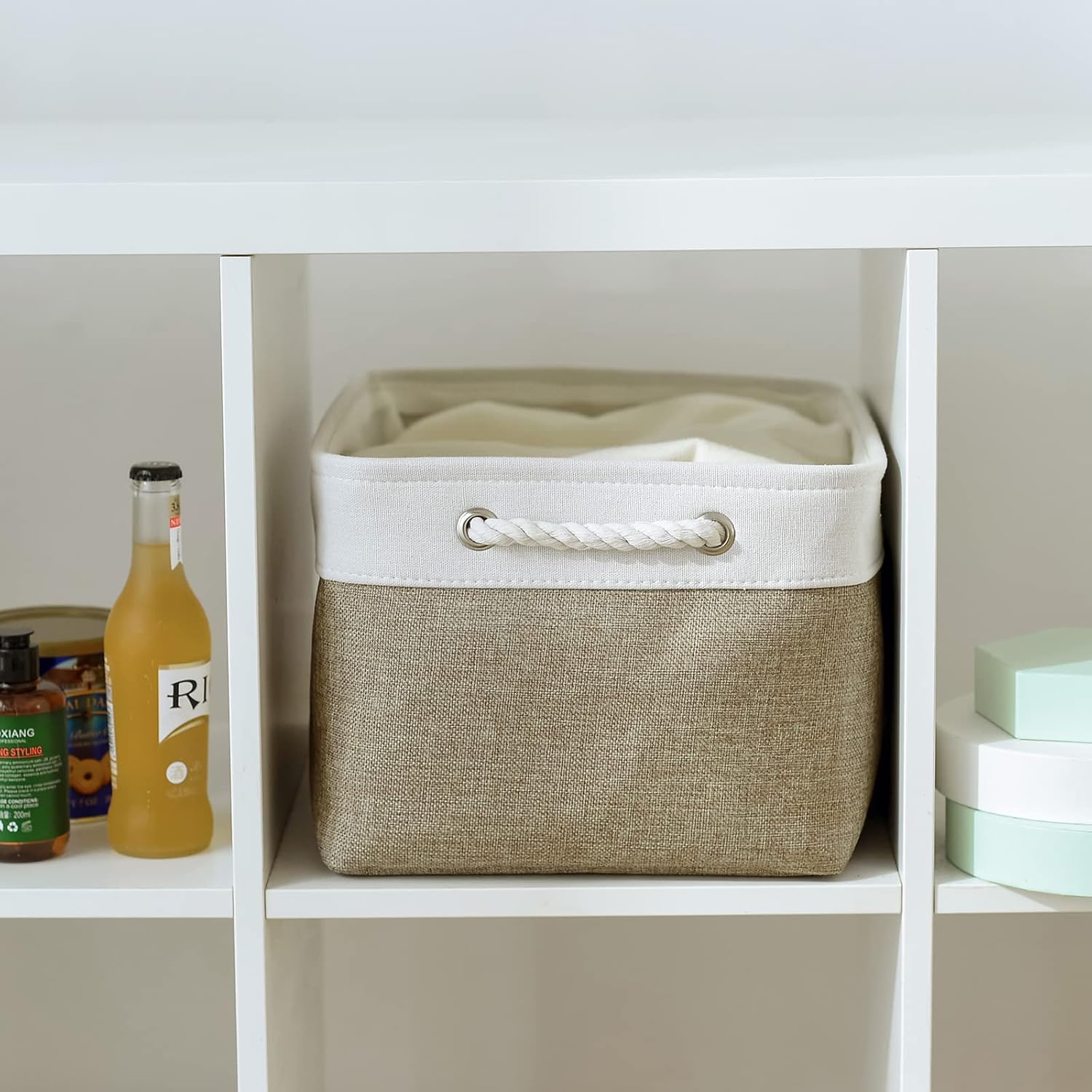 TheWarmHome Storage Basket for Organizing - 16x12x8 inch Large 3 Pack Collapsible Storage Bin for Shelves with Handles, Fabric Storage Cubes for Organizer Cloth Gift Toy Closet (Whiet & Khaki)