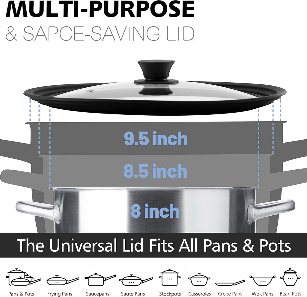 Anaeat Silicone Universal Lid for Pots, Pans and Skillets - Tempered Glass Covered with Heat Resistant Silicone Rim Fits 8", 8.5" and 9.5" Diameter Cookware -Easy to Use Replacement Frying Pan Cover