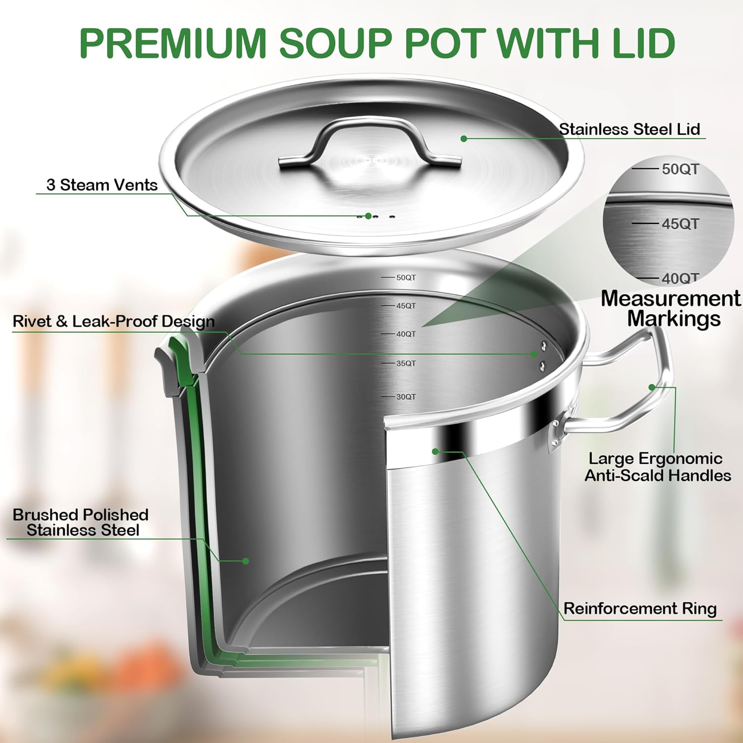 50 Quart Stainless Steel Stock Pot with Lid – Heavy Duty Cooking Pot for Soup, Commercial Soup Pots, 3-Ply Induction Bottom, Oven Safe