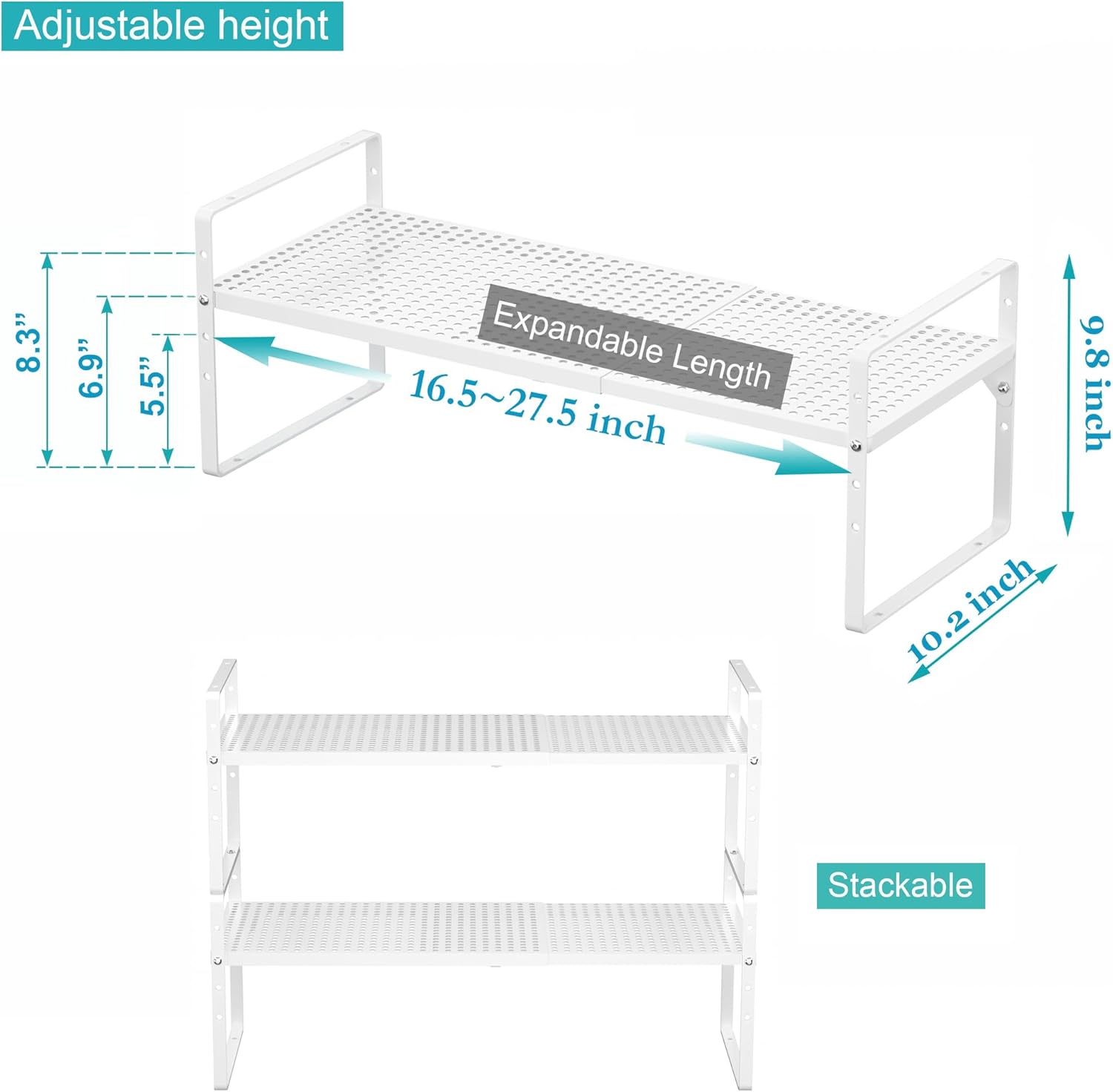 iPEGTOP Large Expandable Cabinet Storage Shelf Organizer Rack, Heavy Duty Stackable Steel Metal Spice Rack Adjustable Height Home Office Pantry Garage Shelf for Counter Kitchen, White - 1 Pack