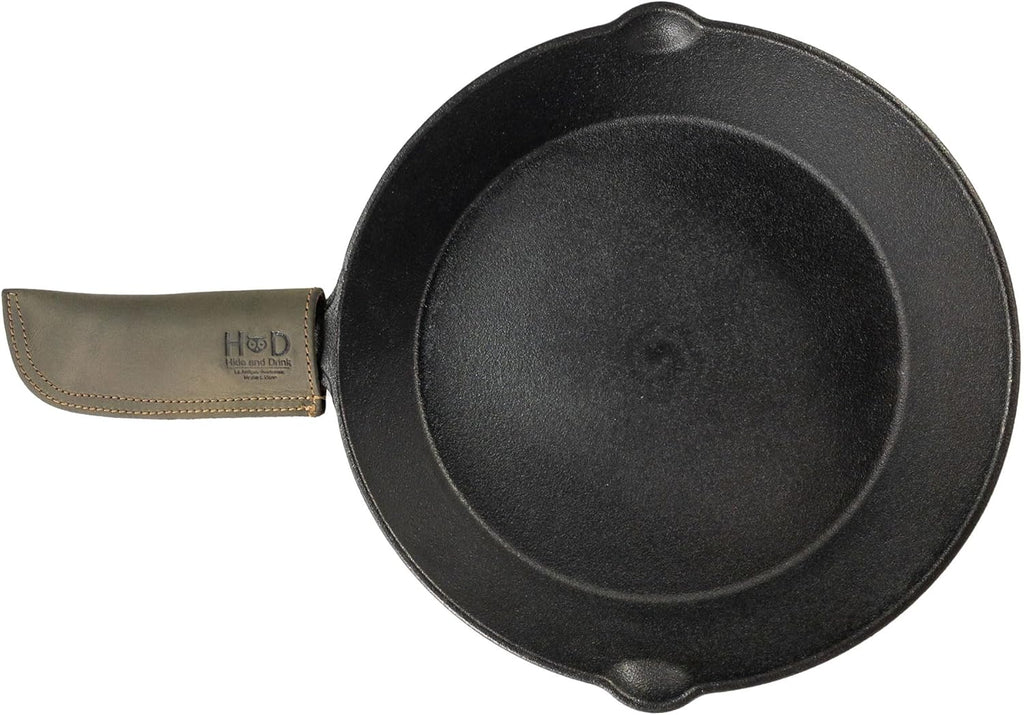 Hide & Drink, Hot Handle, Cast Iron Protector, Panhandle Potholder, Double Layered, Double Stitched, Slides On/Off Easily onto Metal Skillet Grips, Full Grain Leather, Handmade, Dark Jade
