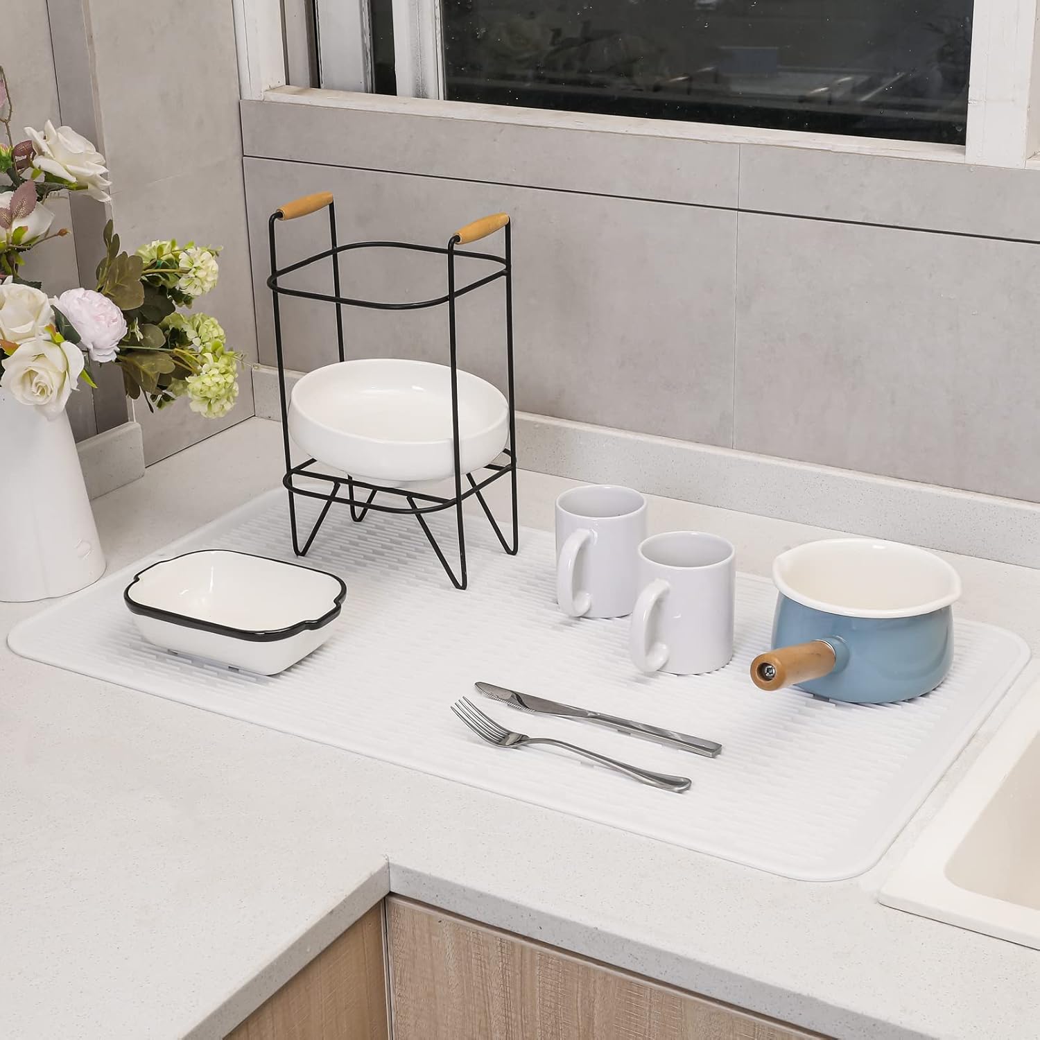 Silicone Dish Drying Mat for Multiple Usage,Easy clean,Eco-friendly,Heat-resistant Silicone Mat for Kitchen Counter or Sink,Refrigerator or Drawer Liner White 4XL 32 inches x 18 inches
