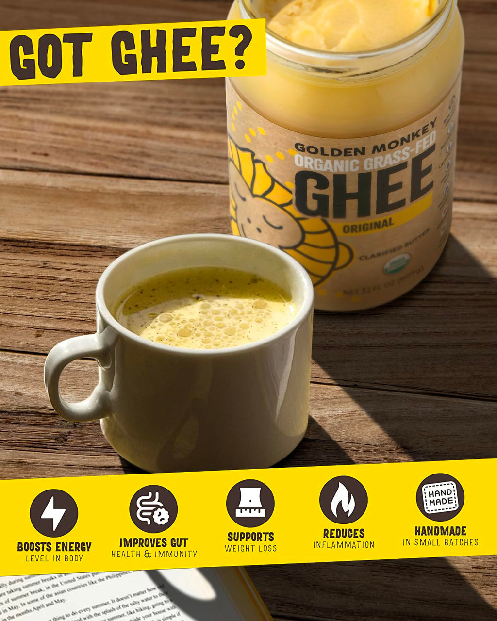 GOLDEN MONKEY Organic Ghee Butter – Grass Fed Clarified Butter for Cooking, Baking, Keto & Gut Health – Ghee Butter Organic Grass Fed from Small Farms – Smooth Spread with High Smoke Point (32oz)