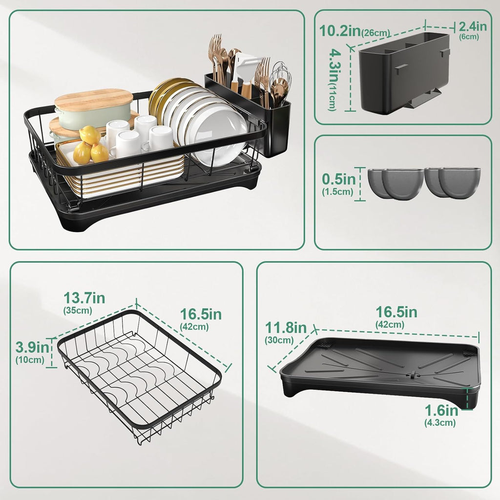 Dish Drying Rack for Kitchen Counter – Large Capacity Single Tier Dish Drainer with Utensil Holder & Cutlery Tray, Space Saving Countertop Organizer, Black