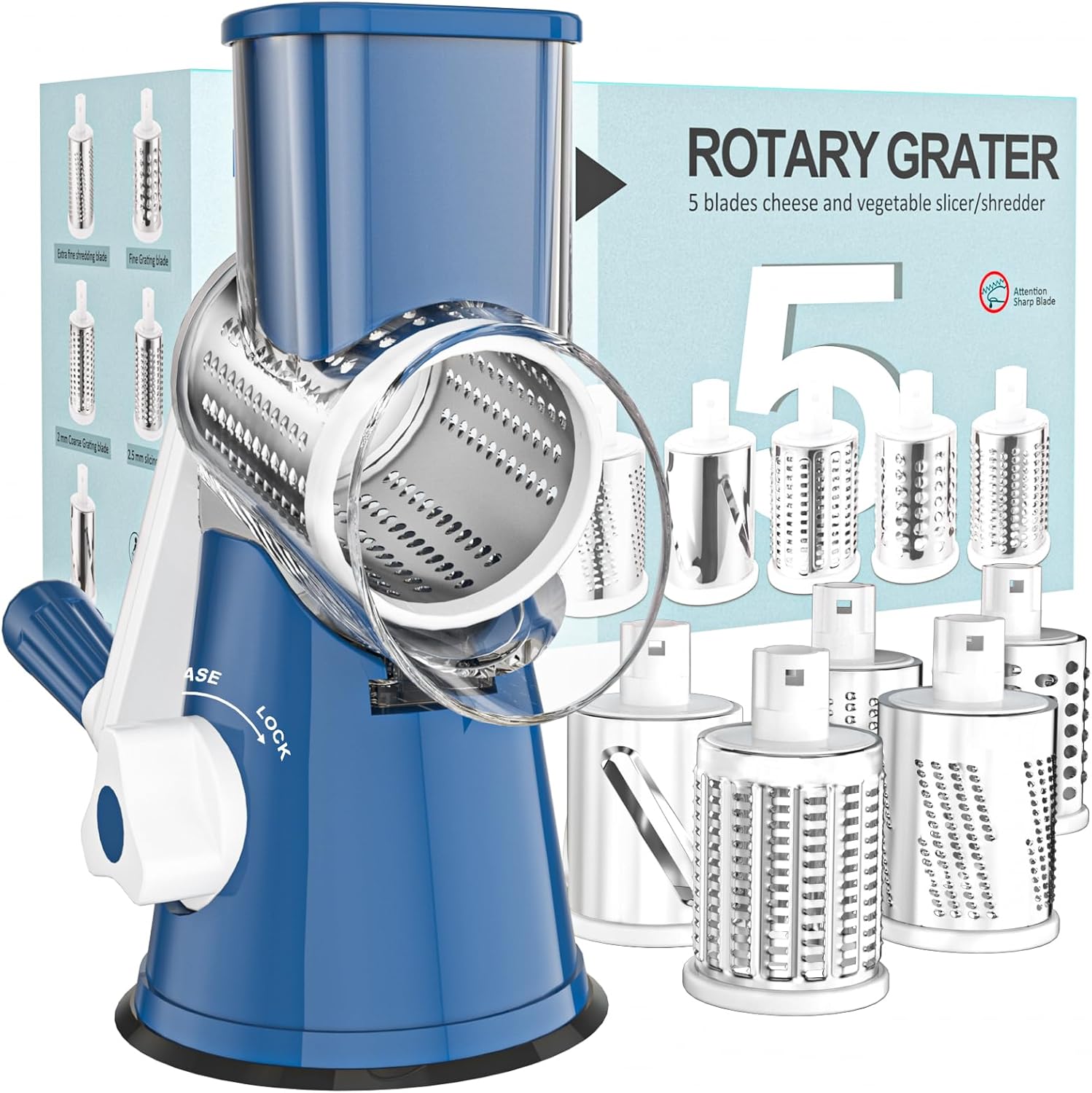 Cambom Rotary Cheese Grater Hand Crank Cheese Shredder for Fresh Cheese, Vegetable, Nuts, Non-slip Suction Base,Five Blades, Deep Blue