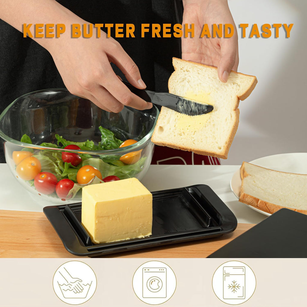 Butter Dish with Lid, Large Butter Dish with Lid for Countertop Built-in Knife Slot Butter Keeper for Kitchen or Fridge, Bamboo Fiber Butter Tray, Butter Holder for 2 Sticks(Black, Large)
