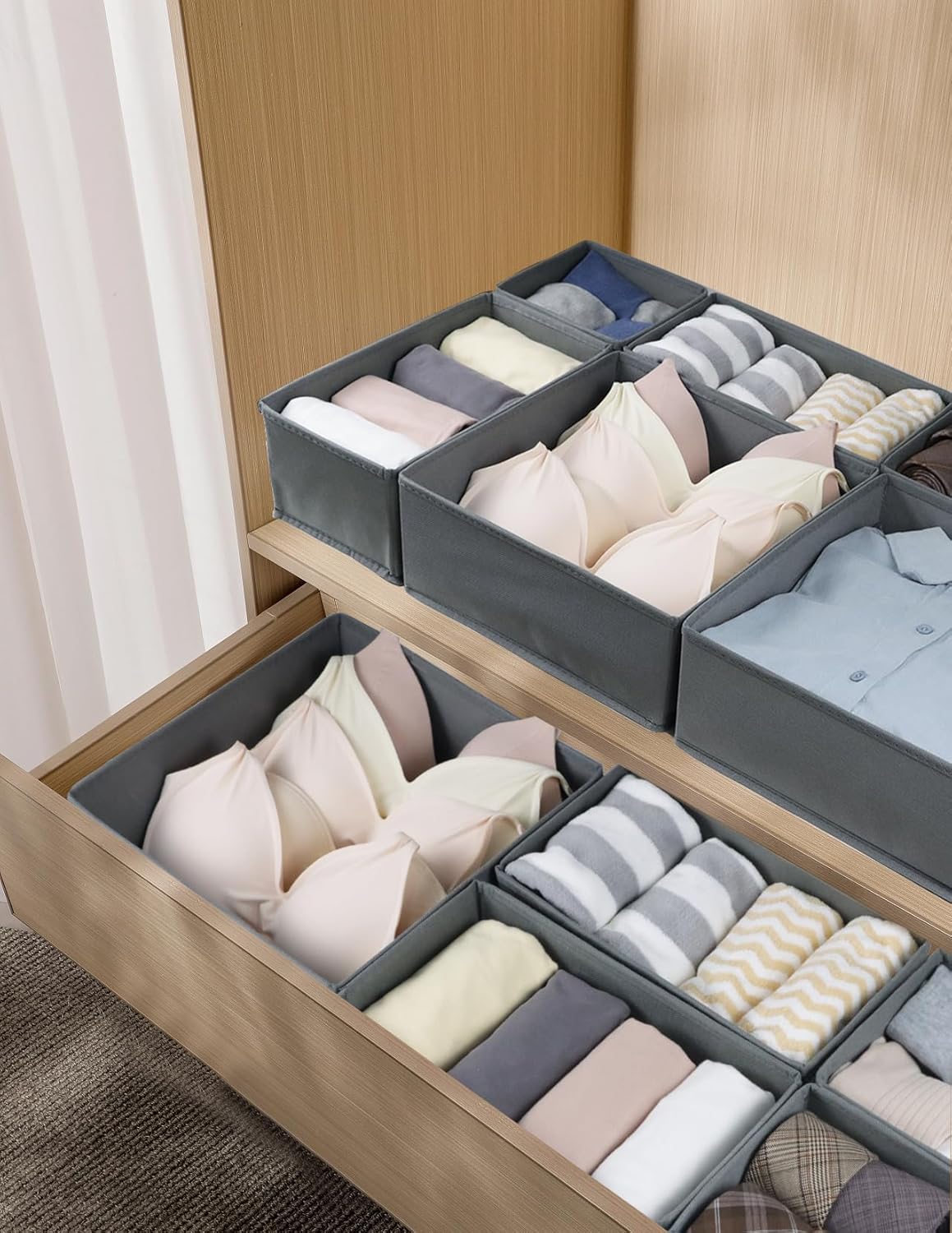 16 Pcs Drawer Organizer,Fabric Closet Organizer and Storage Baskets,Foldable Drawer Divider for Clothing,Sock,Ties,Underwear Drawer Organizers,Cabinet Storage Boxes (Gray)