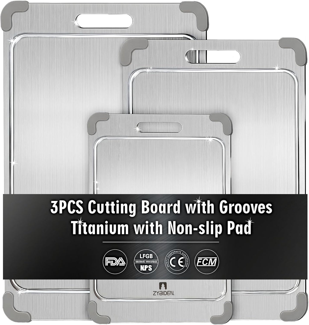 3Pcs 100% Pure Titanium Cutting Board with Grooves, Update Double Side Titanium Chopping Board, Silicone Anti-slip Stainless Cutting Boards Set for Kitchen, Grey