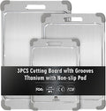 3Pcs 100% Pure Titanium Cutting Board with Grooves, Update Double Side Titanium Chopping Board, Silicone Anti-slip Stainless Cutting Boards Set for Kitchen, Grey