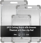 3Pcs 100% Pure Titanium Cutting Board with Grooves, Update Double Side Titanium Chopping Board, Silicone Anti-slip Stainless Cutting Boards Set for Kitchen, Grey