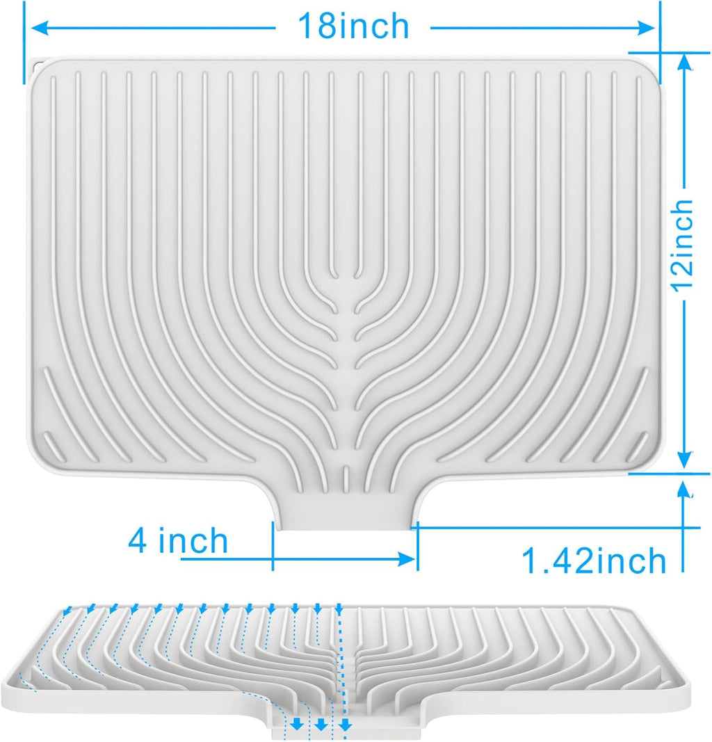 Dish Drying Matt for Kitchen Counter,18"×12"Silicone Dry Rack Mat with Built in Drain, Kitchen Dry Mats for Dishes Drying Pad for Counter(White)
