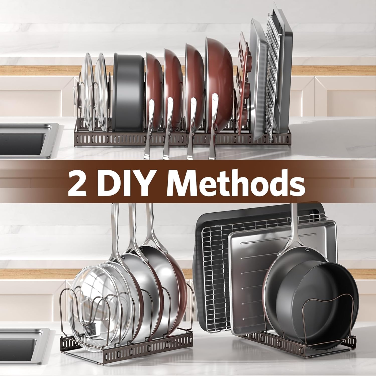 ORDORA Pots and Pans Organizer under Cabinet with Pan Holder: Expandable 11.8"-22.8" Kitchen Cabinet Organizer Rack, 12 Adjustable Dividers Storage for Cookie Sheets, Cutting Boards & Lid, Bronze