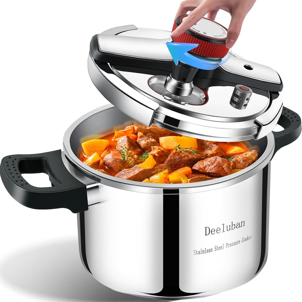 Pressure Cooker Stainless Steel 8 Qt, Commercial Stove Top Pressure Cooker Pot, One-Hand Locking, Compatible with Gas & Induction, Fast Cooking for Large Meals, Dishwasher Safe, Deeluban