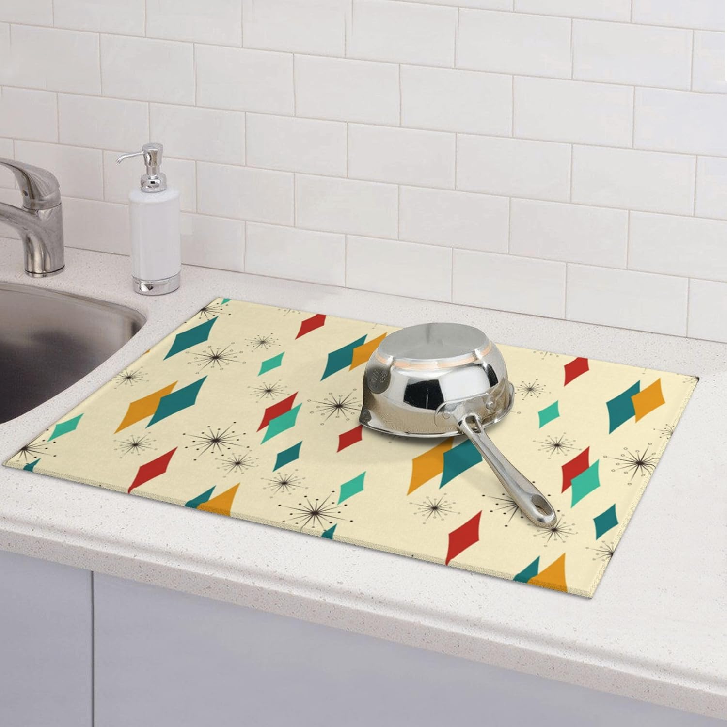 Mid Century Modern Dish Drying Mat for Kitchen Counter Atomic Retro Drying Pad 18x24 Inch Modern Absorbent Reversible Yellow Dish Drainer Rack Mats
