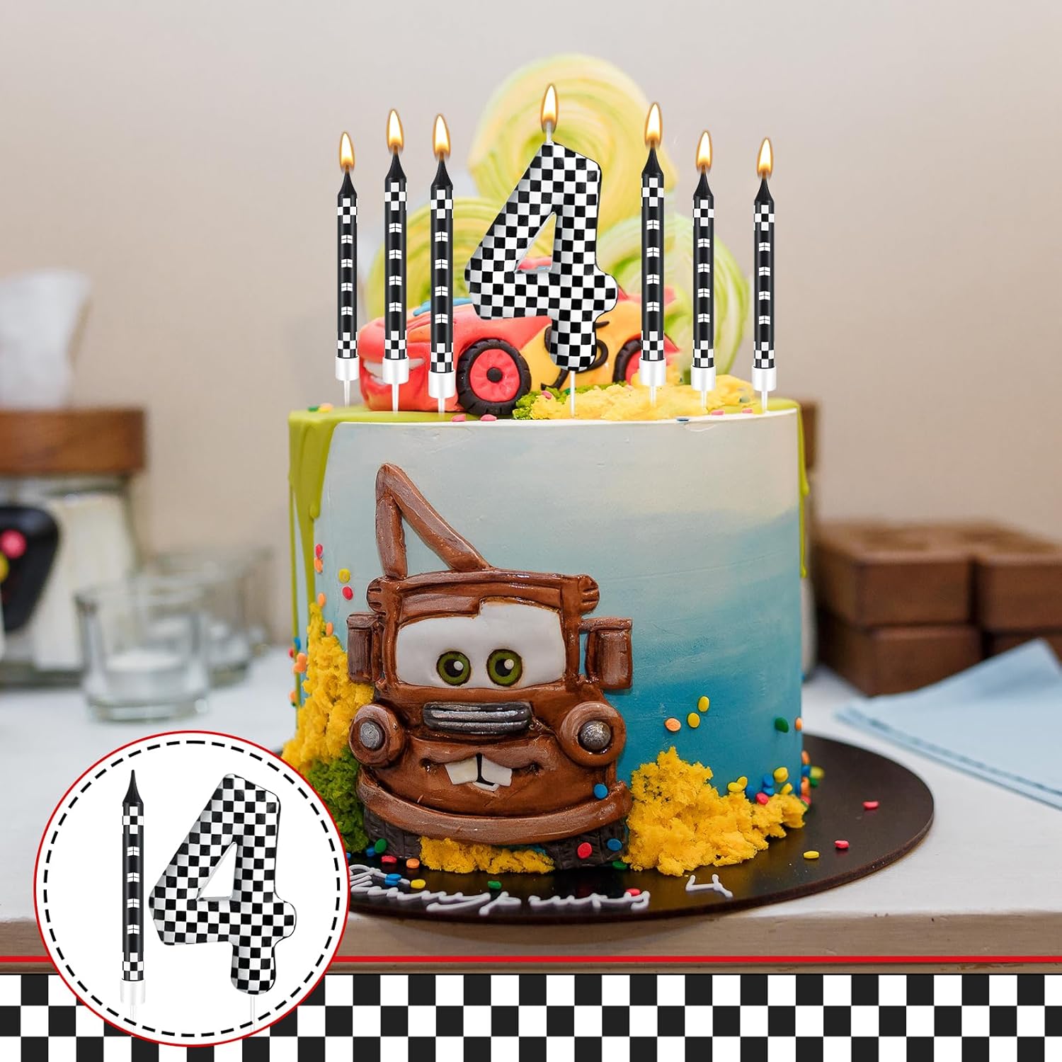 13 Pcs Racing Cars Themed Birthday Candles Black and White Race Number 4 Checkered Candle Cake Topper for Racing Car Party Decoration Supplies (Number 4)
