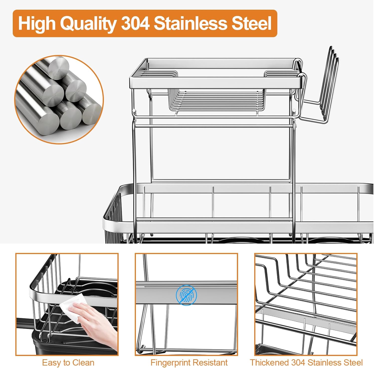 Dish Drying Rack Kitchen 2-Tier 304 Stainless Steel Dish Racks for Kitchen Counter,Dish Strainer with Adjustable Draining Tray,Drying Rack with Water Cup Hook & Cutlery Holder,Black