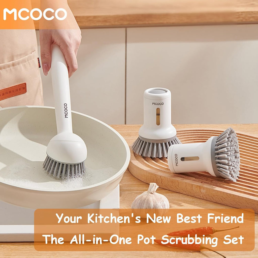 Dish Brush Set with Soap Dispensing Palm Brush Dish Scrub Brush with Soap Dispenser Palm Dish Brush Kitchen Cleaning Brush with Ergonomic Long Handle for Cleaning Sink, Pot, Pan, Stove, White