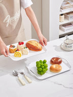 Blue Boat 14" x 10" Serving Trays Set of 2 White, Dinner Tray, Light Weight Easy to Clean Sturdy Stackable Melamine Serving Tray with Handle, Fruit, Snacks, and Desserts Trays