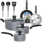 SereneLife Kitchenware Pots & Pans Basic Kitchen Cookware, Black Non-Stick Coating Inside, Heat Resistang Lacquer (11 Piece set), One Size, Gray