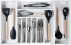 KitchenEdge Premium Silverware, Flatware and Utensil Organizer for Kitchen Drawers, Food-Safe Contract Grade, Expandable from 16 to 28 In, White Bamboo