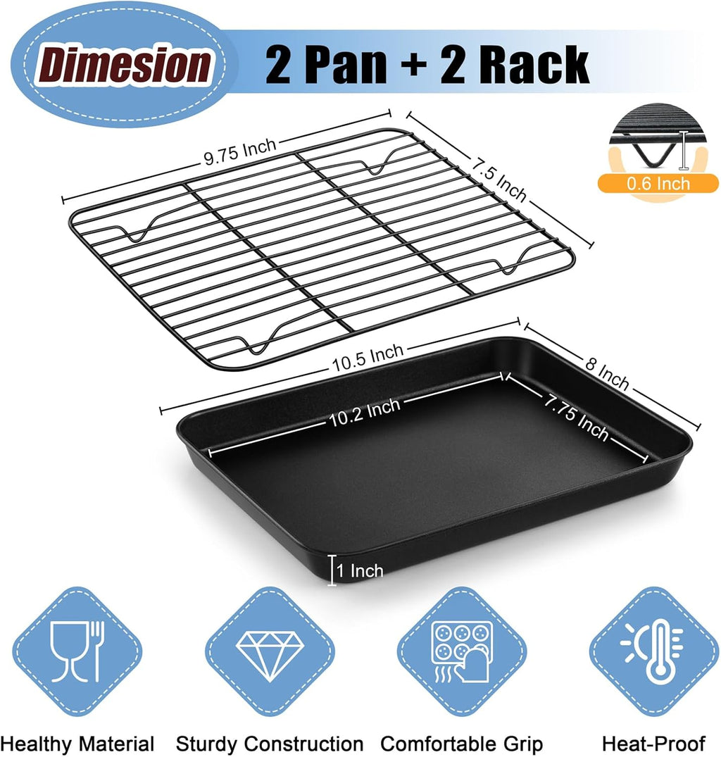 TeamFar Toaster Oven Pan with Rack Set, 10.5 x 8 x 1 Inch Nonstick Small Baking Pan Tray with Cooling Rack for Baking Roasting, Non-Toxic & Heavy Duty, Easy Clean, Set of 4