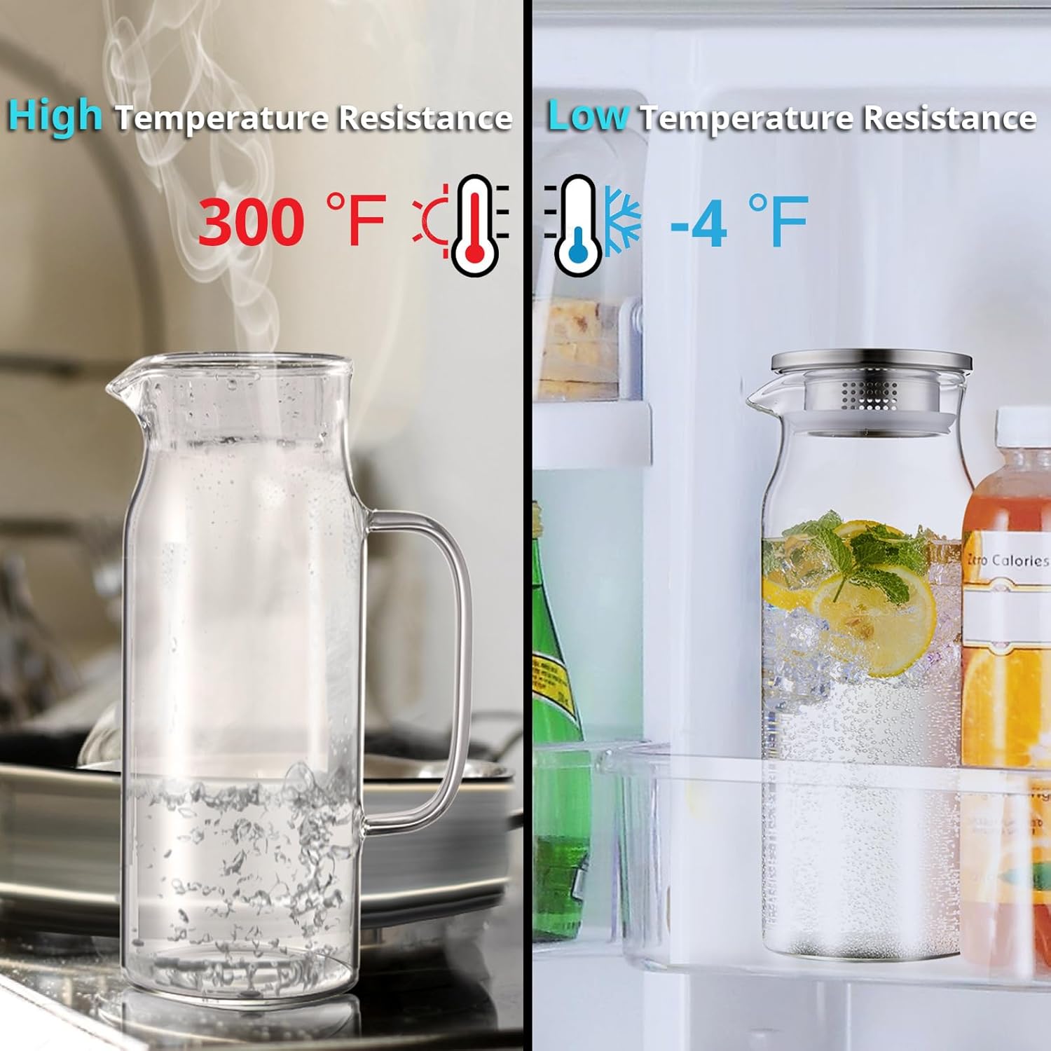2 Pack 1.6 Liter 54 oz Glass Pitcher with Lid and Spout, Glass Carafe Water Pitcher for Hot/Cold Water, Iced Tea, Drinks, Coffee, Juice and Homemade Beverage