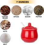 Ceramic Sugar Bowl with Lid and Spoon, Red Porcelain Sugar Salt Pepper Storage Jar, 8 Ounces