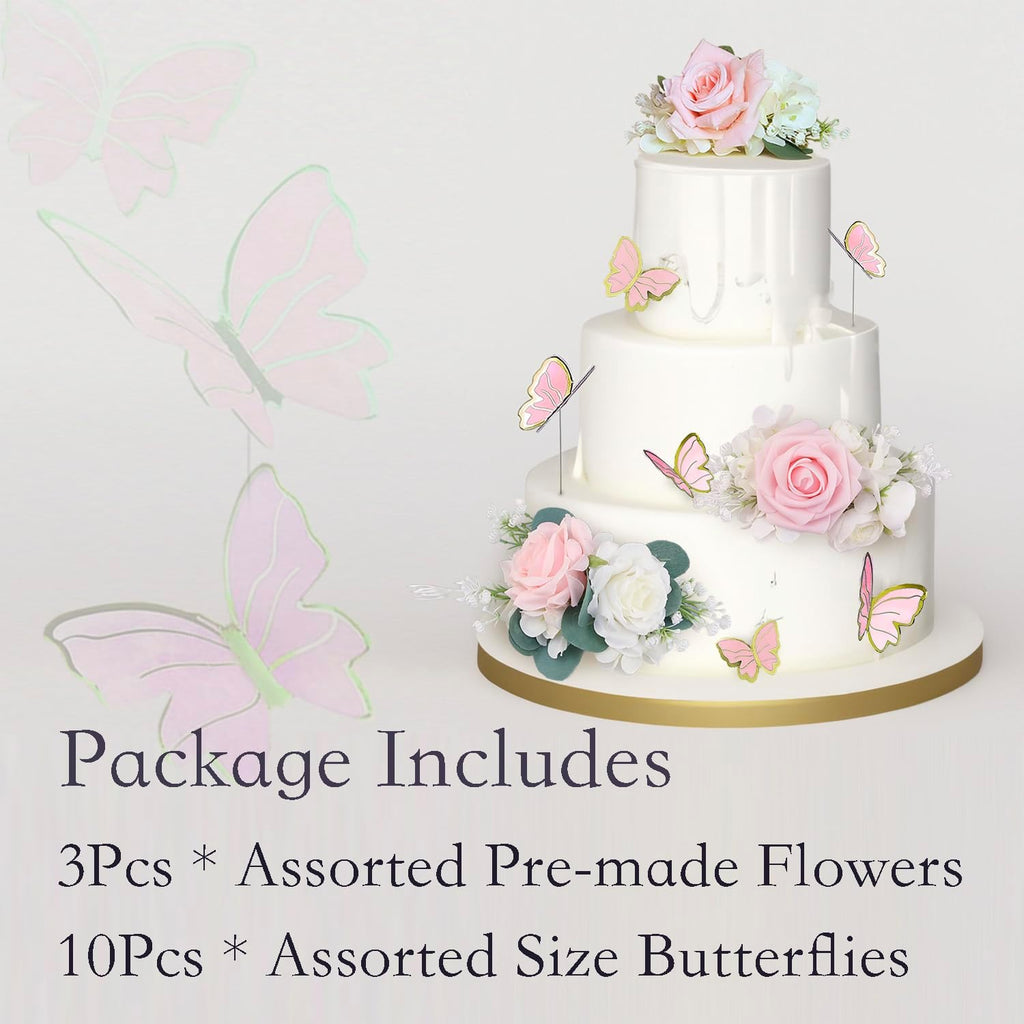 Rinlong 3Pcs Pre-made Blush Pink Cake Flowers Decorations Flower Cake Topper Butterfly Cake Decorating Flowers for Wedding Sweet 16 Birthday Girl
