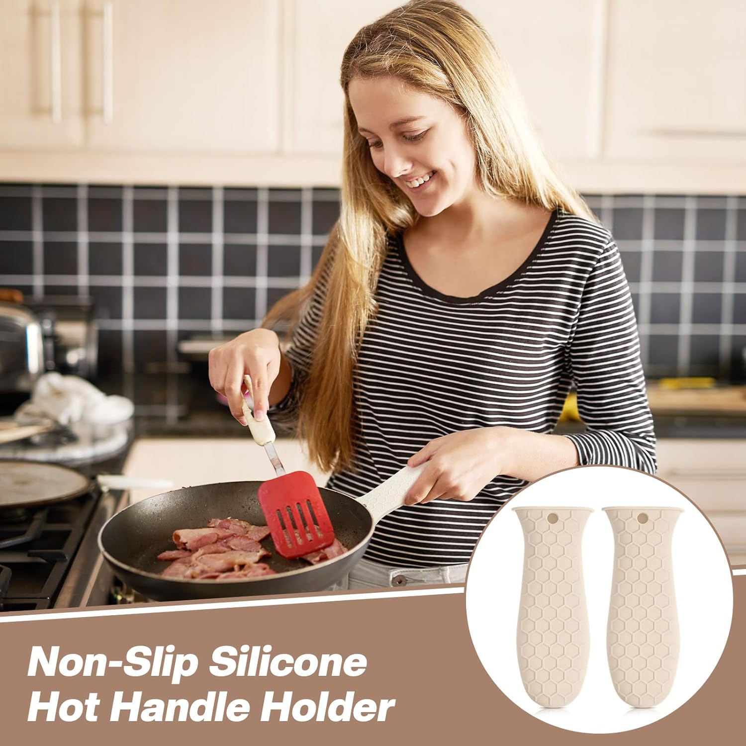 Patelai 2pcs Silicone Handle Cover for Cast Iron Skillet Kitchen Silicone Handles for Pots and Pans Non-Slip Pot Holder Sleeve for Fry Pan Griddles Metal Aluminum Cookware(Beige)