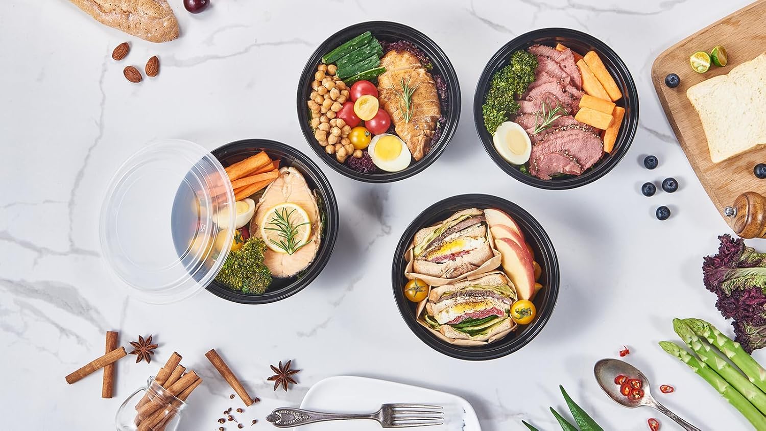 FULING 32 oz 150 ct Round Meal Prep Containers with Lids Plastic Food Storage Lunch Plan To Go Box Disposable Take Out Bowls Black BPA Free Reusable Durable Stackable Microwave Freezer Dishwasher Safe