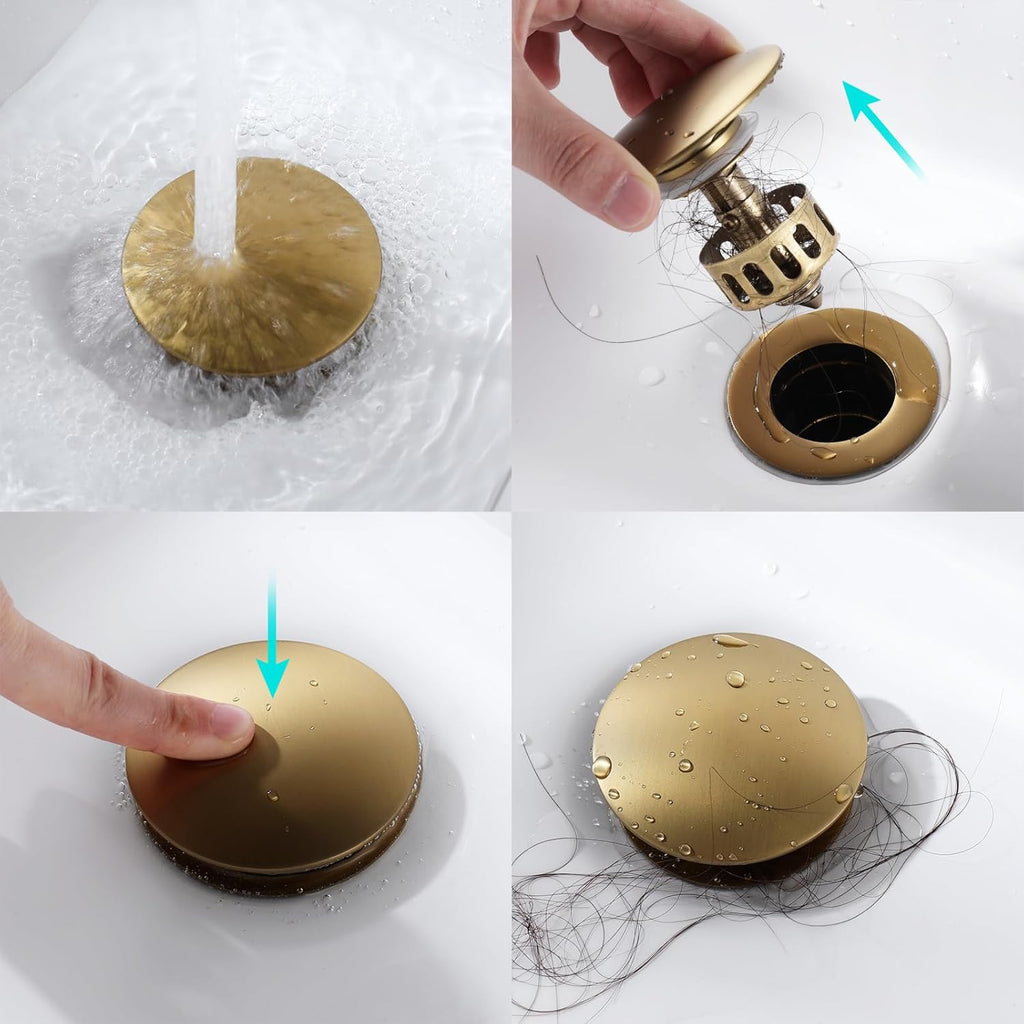 KAIYING Pop Up Drain, Bathroom Sink Drain Stopper, Vessel Sink Drain Assembly with Detachable Basket Stopper, Anti-Explosion and Anti-Clogging Drain Strainer (NO Overflow, Brushed Brass)