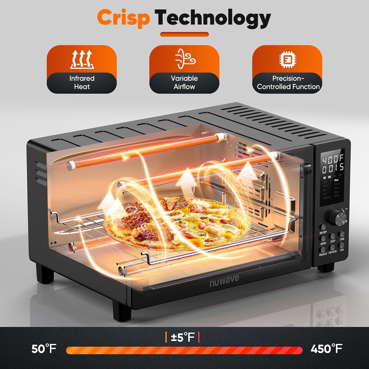 Nuwave Bravo Pro Convection Air Fryer Toaster Oven Combo, 2025 New and Improved, 10-in-1, 50°-450°F Temp Controls, Quick & Even Crisp Technology, 21Qt Capacity, Black, PFAS Free