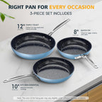 Nuwave 3-Piece 8”, 10”, 12” Forged Lightweight Frying Pan Set, G10 Healthy Duralon Blue Ceramic Ultra Non-Stick, Ergonomic Stay-Cool Handles, Induction-Ready & Works on All Cooktops
