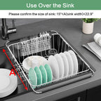 Large Dish Drainer Rack in Sink Adjustable, Expandable 304 Stainless Steel Metal Dish Drying Rack Organizer with Stainless Steel Utensil Holder Over Inside Sink Counter, Rustproof