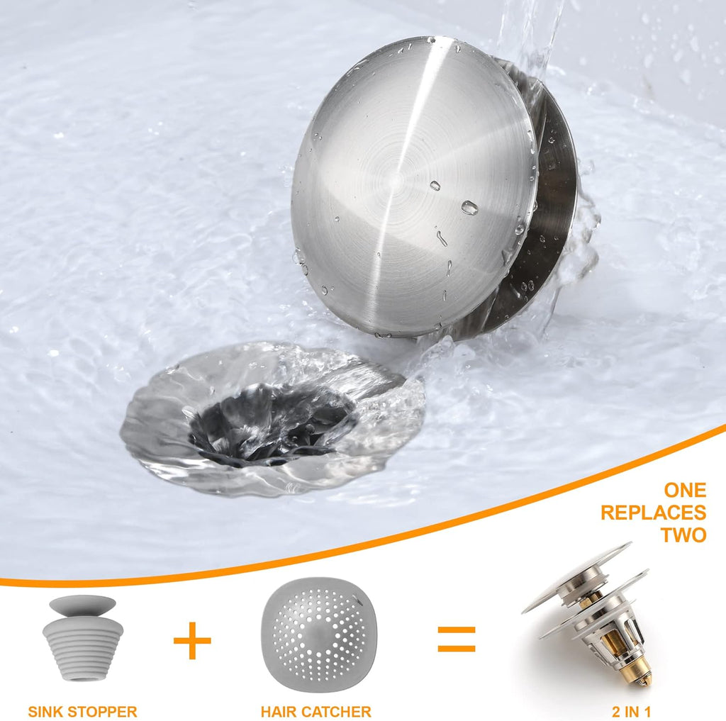 Bathroom Sink Drain Stopper 1.1~1.5 Inch, Universal Pop Up Sink Stopper, Anti-Clogging Sink Drain Strainer with Hair Catcher, Bounce Push Type Sink Drain Filter (Brushed Nickel)