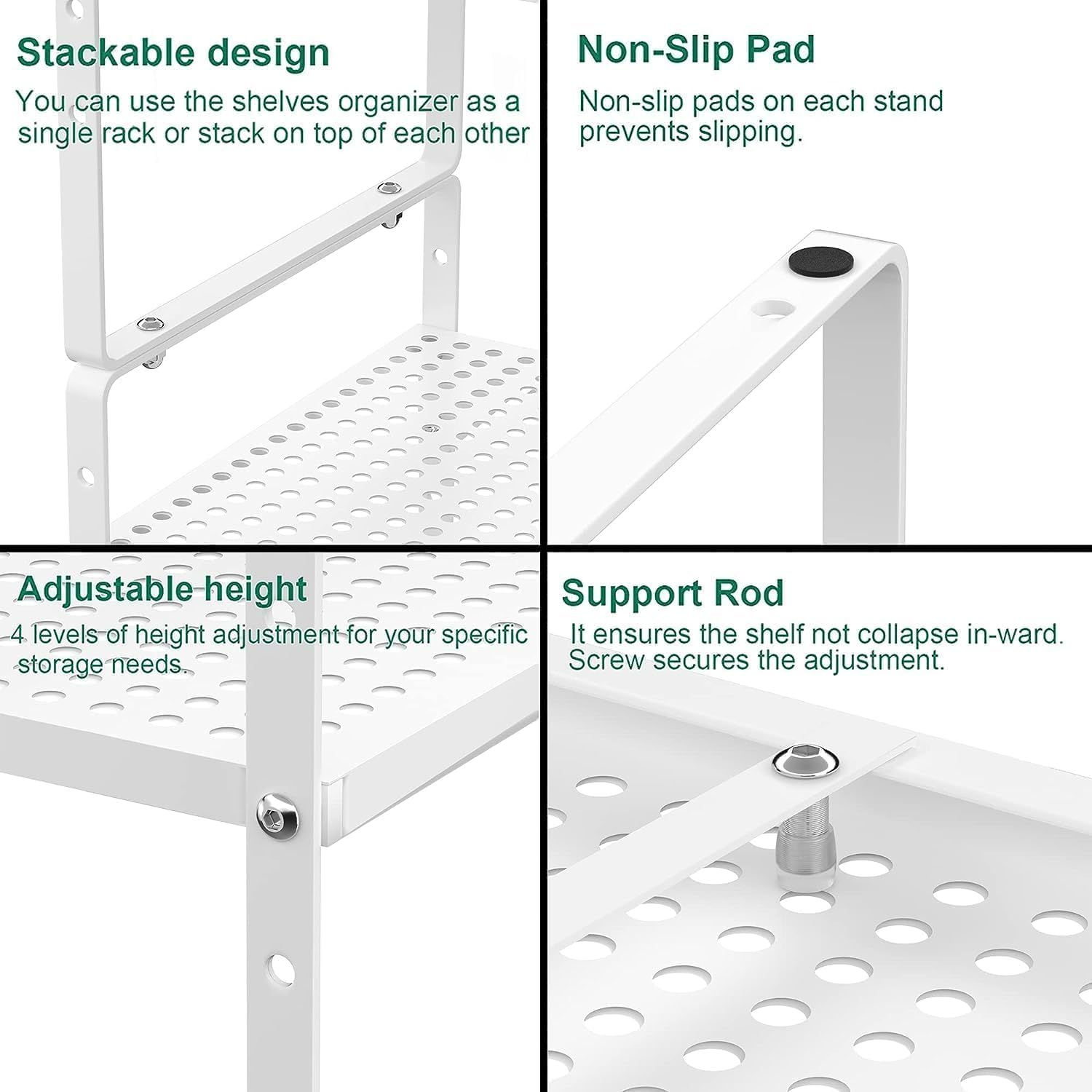 iPEGTOP Expandable Cabinet Storage Shelf Organizer Rack, Heavy Duty Stackable Steel Metal Spice Rack Adjustable Height Pantry Garage Shelf for Counter Kitchen Organization, White - 2 Pack