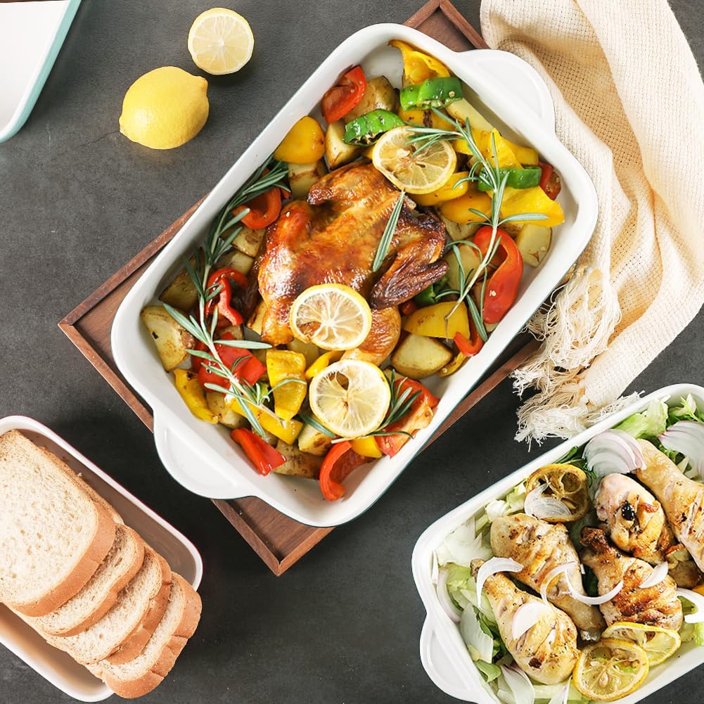 Sweejar Casserole Dishes for Oven, Ceramic Bakeware Set of 3, Lasagna Pan Deep with Handle, Rectangular Baking Pan Set, 9x13 Baking Dish for Cooking, Banquet and Daily Use (Beige)