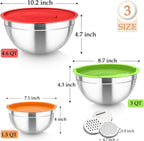 TeamFar Mixing Bowls, Stainless Steel Nesting Salad Bowls with Lids Set & 3 Grater Attachments, For Mixing/Serving/Storing, Non-toxic & Long-lasting, Size 4.6/3 / 1.5 QT, Colorful