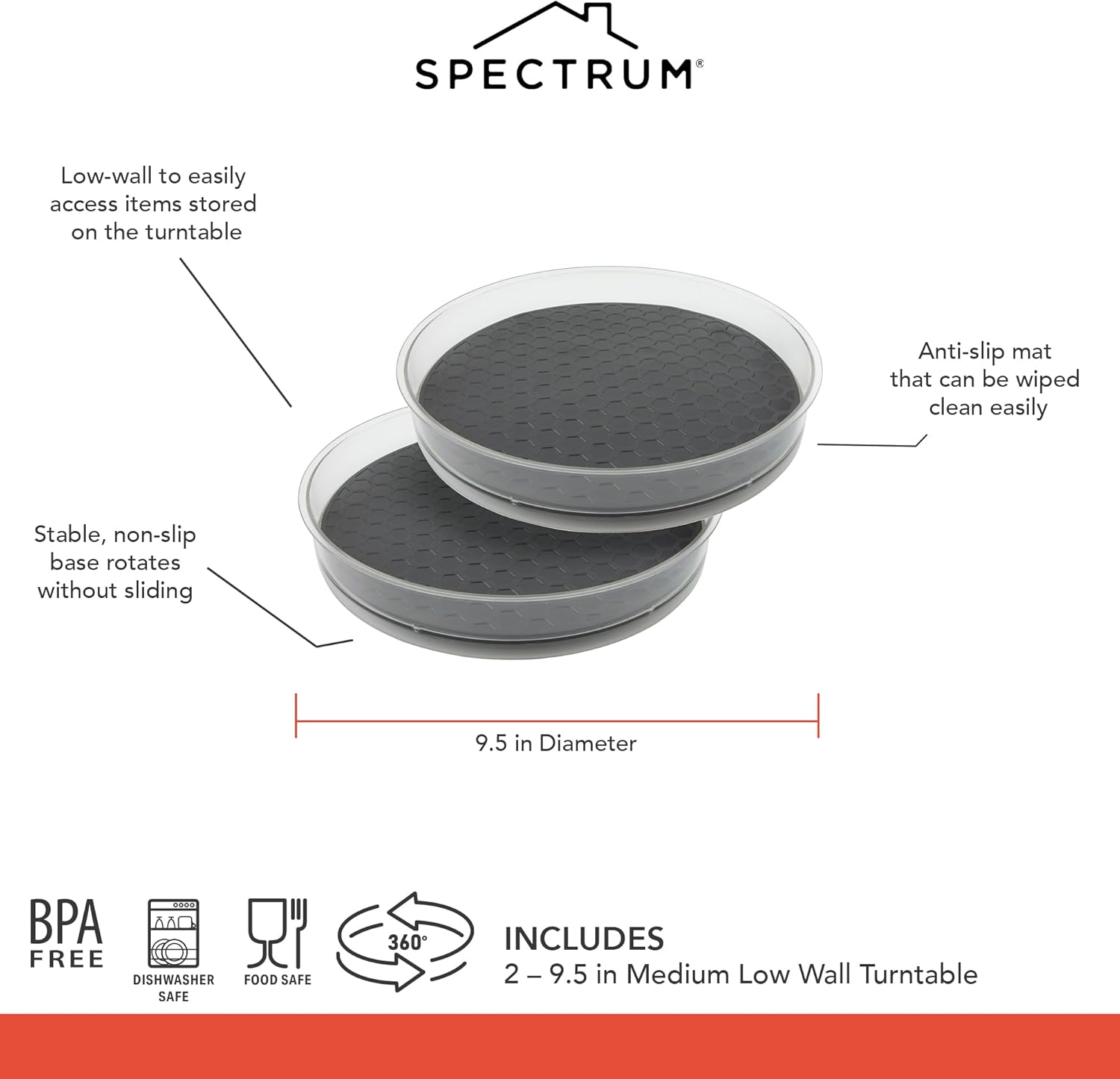 Spectrum Medium Lazy Susan Organizers 9.5 in Pack of 2 for Cabinet Pantry Table Rotating Kitchen Storage Spice Rack Fridge Organization, Charcoal Gray Spinning Turntable for Sauces Jams Condiments