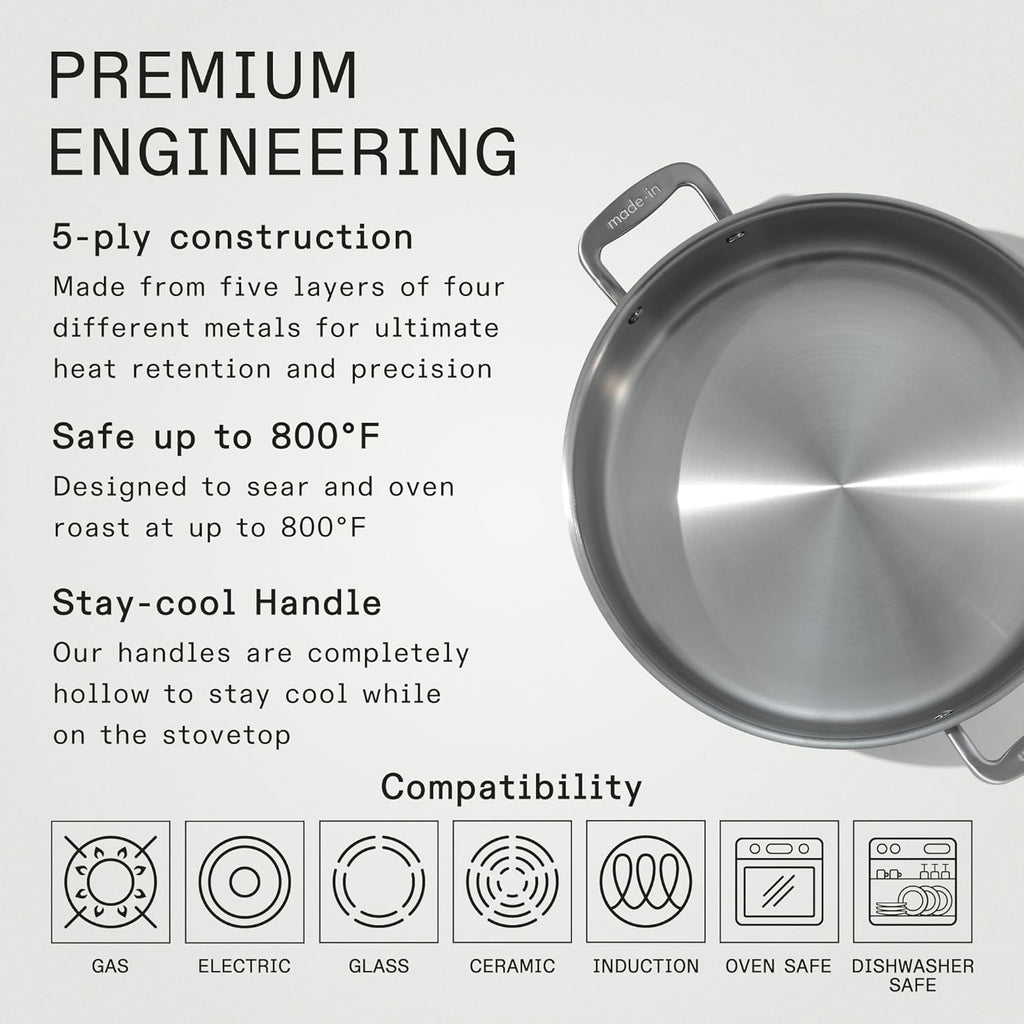 Made In Cookware - 10 Quart Stainless Steel Rondeau Pot w/Lid - 5 Ply Stainless Clad - Professional Cookware - Crafted in Italy - Induction Compatible